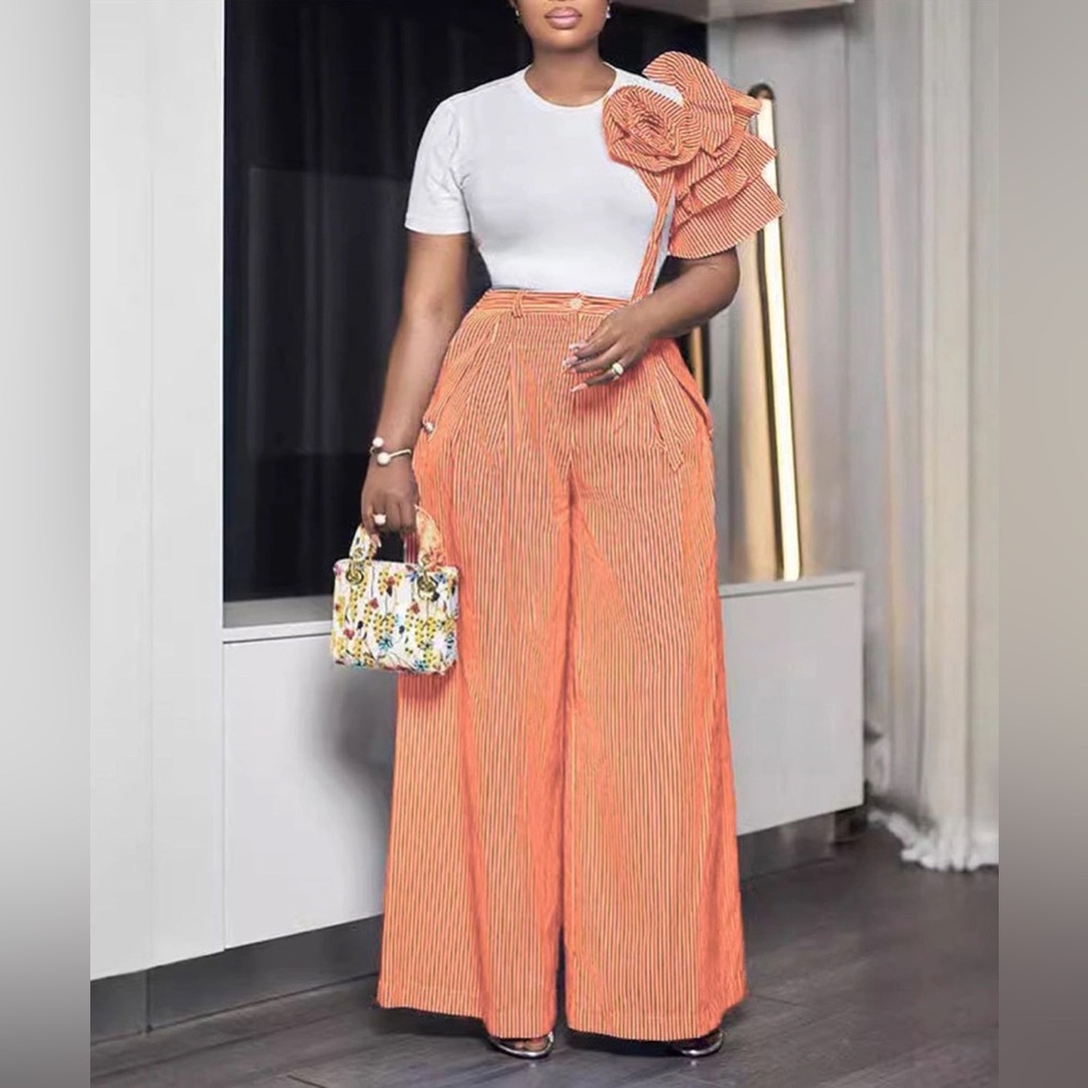 Peach Chic Crew-Neck Short-Sleeved Striped Wide-Leg Pants Palazzo Set